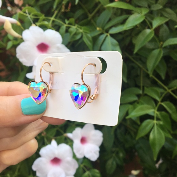 Aurora Borealis Crystal Heart + Rose Gold Drop Earrings - Picture 5 of 10